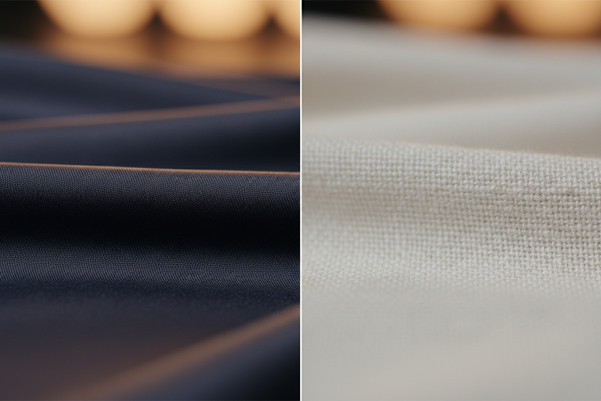 Close-up of smooth dark knit fabric beside a textured light woven fabric