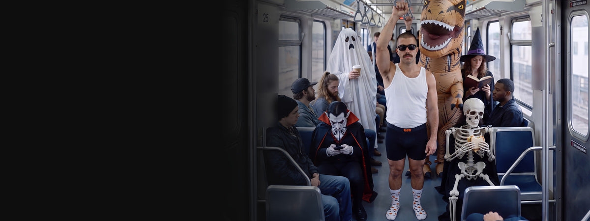 Unluckies Halloween: everyone is in costume, he is in his underwear